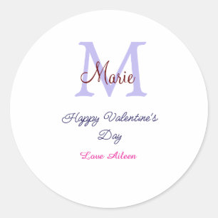 Paarse pastel gelukkige Valentijnsdag roze monogra Ronde Sticker
