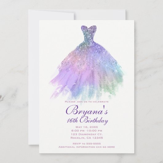 Paarse Pastel Glitter Glam Dress Sweet 16 Party Kaart (Voorkant)