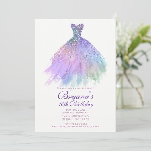 Paarse Pastel Glitter Glam Dress Sweet 16 Party Kaart (Staand voorkant)