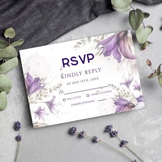 Paarse pastel Modern Floral Boho Wedding RSVP Kaar