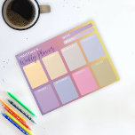 Paarse Pastel Roze Gele Gradiënt Weekblad Notitieblok<br><div class="desc">Organiseer uw week met dit gepersonaliseerde wekelijkse notitieblok van de planner. Het heeft twee lege gebieden bovenop waar de week en de maand kunnen worden ingegaan, en acht gebieden op het belangrijkste deel voor de zeven dagen van de week, plus een plaats voor uw nota's, allen in pastelkleuren van paars,...</div>