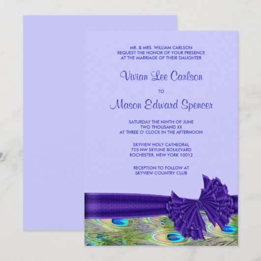 Paarse Pauw Huwelijksuitnodigingen Kaart (Voorkant / Achterkant)