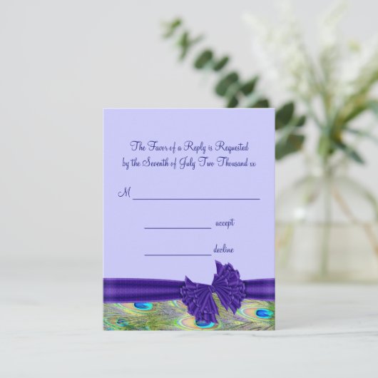 Paarse Pauw Huwelijksuitnodigingen RSVP Kaartje (Staand voorkant)