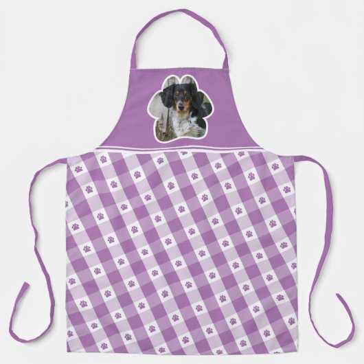 Paarse Pauw Print Check Pattern Dog Foto Schort (Voorkant)