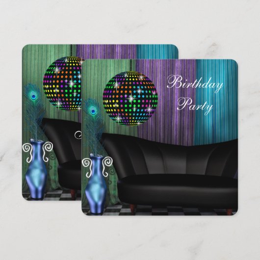 Paarse Pauw Spiegelbal Disco Verjaardagsfeest Kaart (Voorkant / Achterkant)