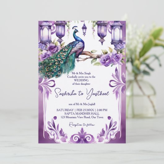 Paarse pauw  tuin Indiase bruiloft Kaart (Staand voorkant)