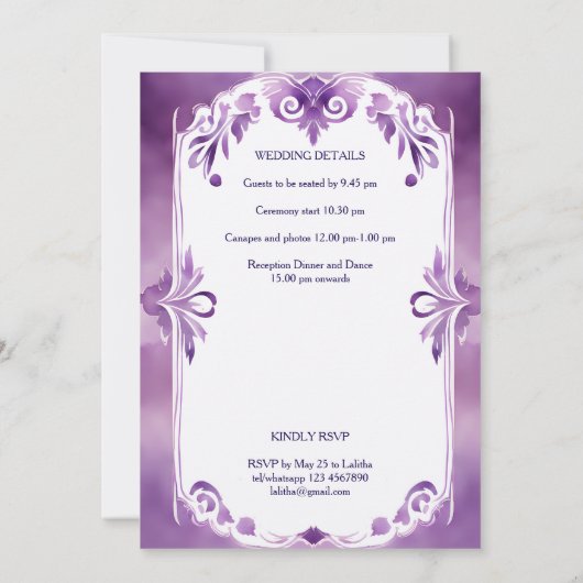 Paarse pauw  tuin Indiase bruiloft Kaart (Achterkant)