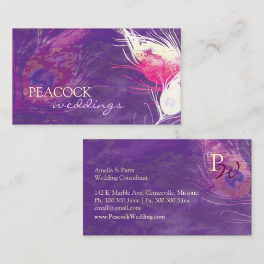 Paarse pauw veren chique bruiloft visitekaartje (Voorkant / Achterkant)