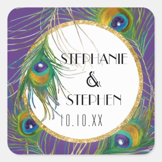 Paarse pauwenveren w gouden faux glitter afdichtin vierkante sticker (Voorkant)
