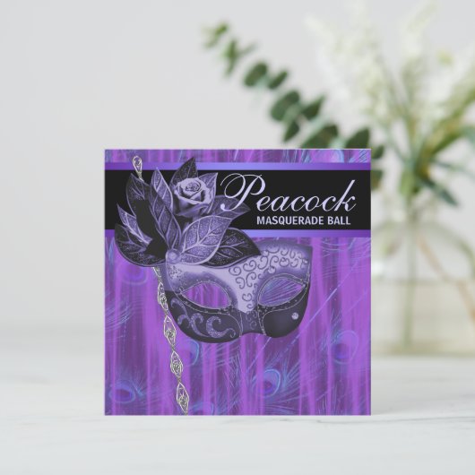 Paarse Pauwveren Masquerade Feest Kaart (Staand voorkant)
