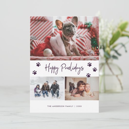 Paarse Paw Print Collage Happy Pawlidays Pet Feestdagenkaart (Staand voorkant)