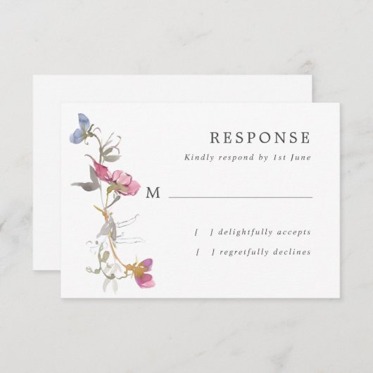 Paarse pea Wedding RSVP Kaartje (Voorkant / Achterkant)