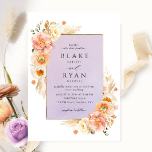 Paarse, peach Blush en Cream Floral Chic Wedding Kaart