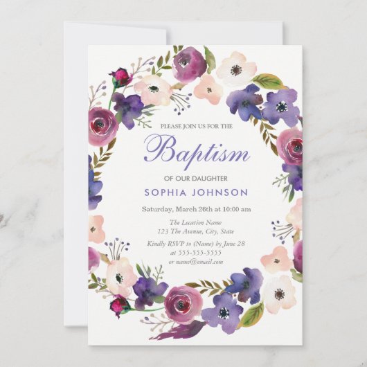 Paarse Peach Burgundy Wreath Floral Baptism Invite Kaart (Voorkant)