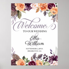 Paarse Peach Floral Fall Weddenschap Welkomstteken Poster