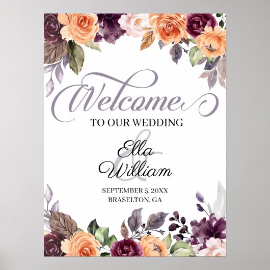 Paarse Peach Floral Fall Weddenschap Welkomstteken Poster (Voorkant)