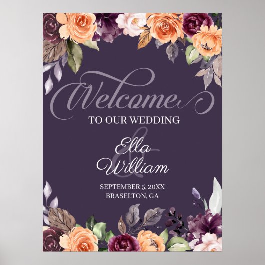 Paarse Peach Floral Fall Weddenschap Welkomstteken Poster (Voorkant)