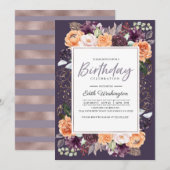Paarse Peach Floral Herfst Birthday Uitnodiging (Voorkant / Achterkant)
