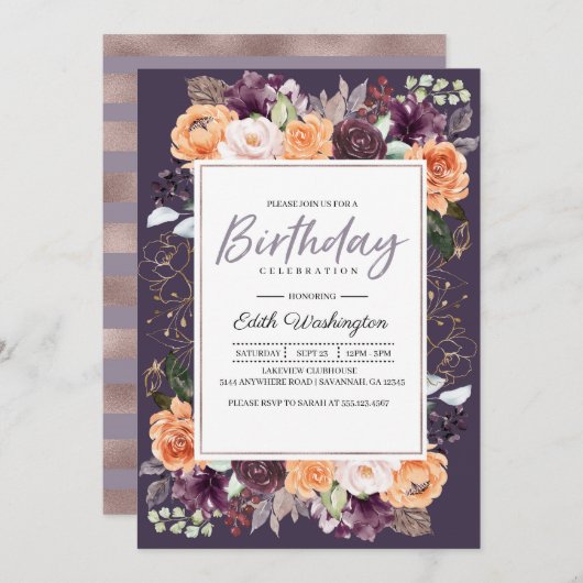 Paarse Peach Floral Herfst Birthday Uitnodiging (Voorkant / Achterkant)