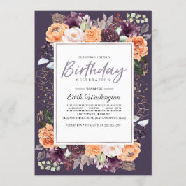Paarse Peach Floral Herfst Birthday Uitnodiging