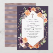 Paarse Peach Floral Herfst Christening Uitnodiging (Voorkant / Achterkant)