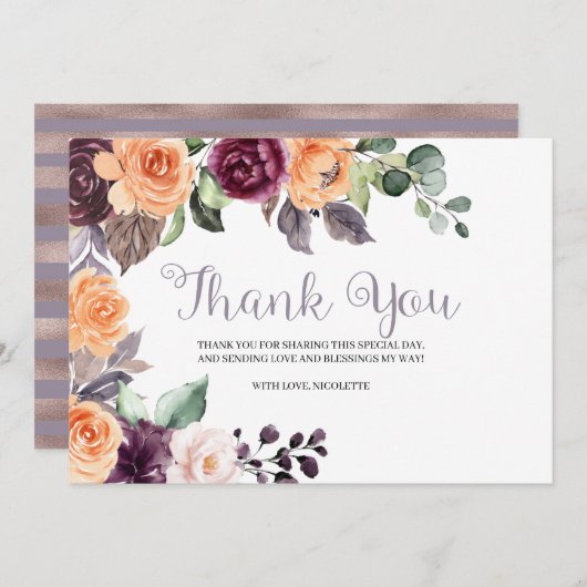 Paarse Peach Floral Herfst Hartelijk dank Bedankkaart (Voorkant / Achterkant)