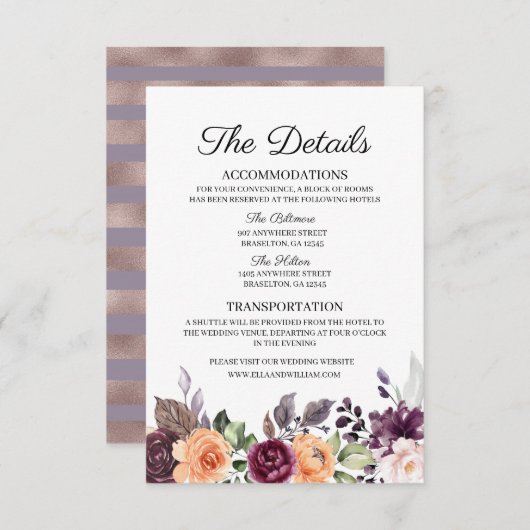 Paarse Peach Floral Weddenschap Enclosure Card Informatiekaartje (Voorkant / Achterkant)