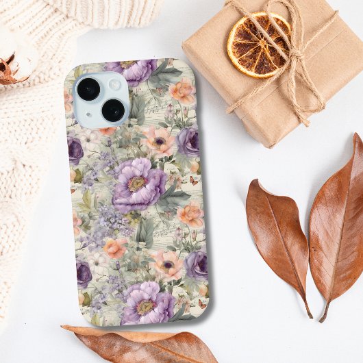 Paarse Peach Flowers Floral  Shabby Chic Case-Mate iPhone Case