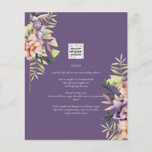 Paarse Peach Summer Floral Wedding Invite QR Code (Achterkant)