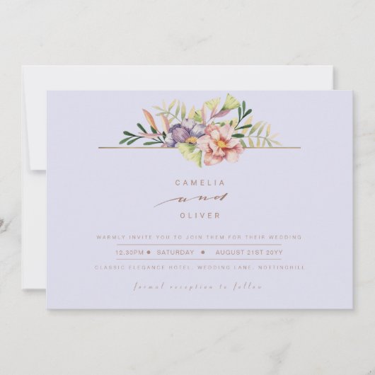 Paarse Peach Summer Floral Wedding Invite QR Code Kaart (Voorkant)