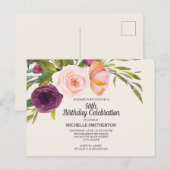 Paarse Peach Waterverf Floral Ivory 50th Birthday Briefkaart (Voorkant / Achterkant)