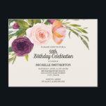 Paarse Peach Waterverf Floral Ivory 50th Birthday Briefkaart<br><div class="desc">Elegant botanisch paars en perzikspriet op ivoorcrème,  uitnodiging voor het briefkaart voor een vijftigste verjaardag.</div>