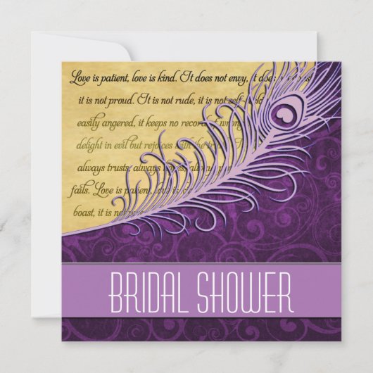 Paarse Peacock Bridal Shower Invitations Kaart (Voorkant)