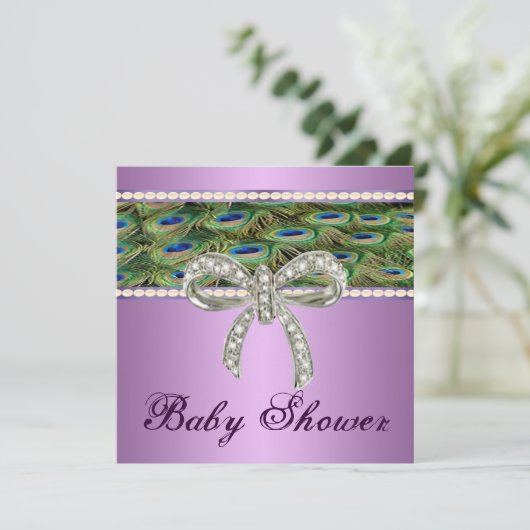 Paarse Peacock Diamond Bow Baby shower Uitnodiging (Staand voorkant)