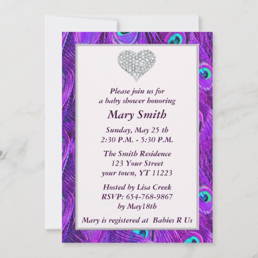 Paarse Peacock Diamond Heart Baby shower Uitnodige Kaart (Achterkant)