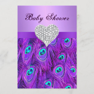 Paarse Peacock Diamond Heart Baby shower Uitnodige Kaart