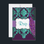 Paarse Peacock- en Blauwgroen Damask Wedding RSVP- RSVP Kaartje<br><div class="desc">Paarse Peacock & Blauwgroen Damask Wedding RSVP kaarten-pas de uitnodigingen en meer aan die hieronder op deze pagina worden gevonden. Elke reactiekaart heeft een donkere paarse en blauwgroen demasdruk. RSVPs kenmerkt ook een gedrukte paarse band met een zand sierlijk lijst. Een elegante paarse en marineblauwe pauw zit op het lijst...</div>