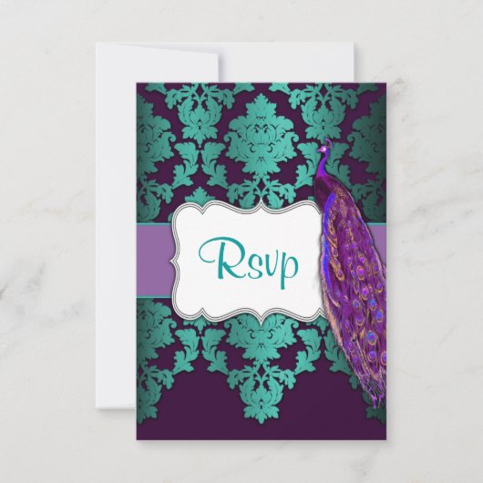 Paarse Peacock- en Blauwgroen Damask Wedding RSVP- RSVP Kaartje (Voorkant)