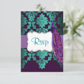 Paarse Peacock- en Blauwgroen Damask Wedding RSVP- RSVP Kaartje (Staand voorkant)