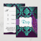 Paarse Peacock- en Blauwgroen Damask Wedding RSVP- RSVP Kaartje (Voorkant / Achterkant)