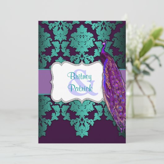 Paarse Peacock en Blauwgroen uitnodigingen voor he (Staand voorkant)