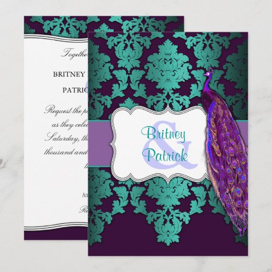 Paarse Peacock en Blauwgroen uitnodigingen voor he (Voorkant / Achterkant)