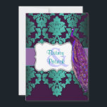Paarse Peacock en Blauwgroen uitnodigingen voor he<br><div class="desc">Paarse Peacock en Blauwgroen Damask Wedding Invitations-pas de kaarten RSVP aan en meer gevonden hieronder op deze pagina. Elke uitnodiging bevat een donkere paarse en blauwgroen demasdruk. De uitnodigingen zijn ook voorzien van een gedrukte paarse band met een zand sierlijk lijst. Een elegante paarse en marineblauwe pauw zit op het...</div>