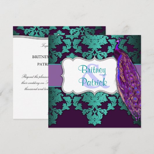 Paarse Peacock en Blauwgroen uitnodigingen voor he (Voorkant / Achterkant)
