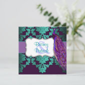 Paarse Peacock en Blauwgroen uitnodigingen voor he (Staand voorkant)