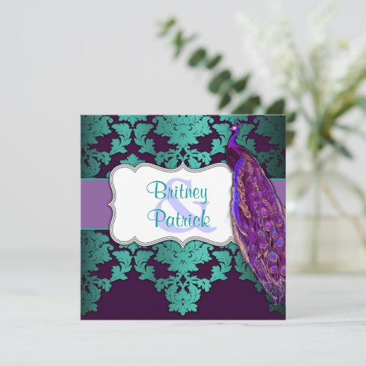 Paarse Peacock en Blauwgroen uitnodigingen voor he (Staand voorkant)