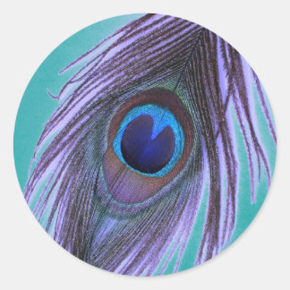 Paarse Peacock Feather op Blauwgroen Ronde Sticker
