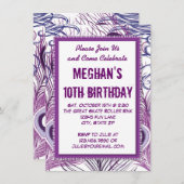 Paarse Peacock Feathers Birthday Party Invitations Kaart (Voorkant / Achterkant)