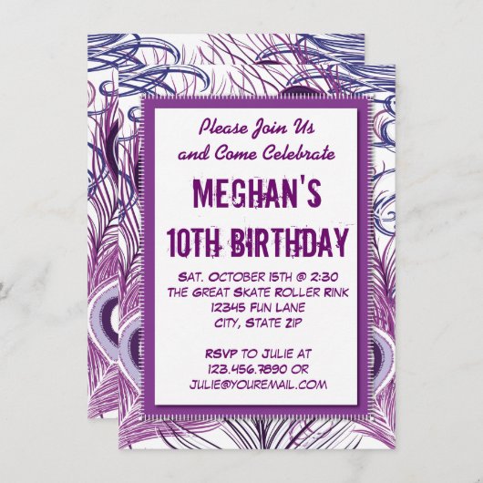 Paarse Peacock Feathers Birthday Party Invitations Kaart (Voorkant / Achterkant)