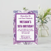 Paarse Peacock Feathers Birthday Party Invitations Kaart (Staand voorkant)